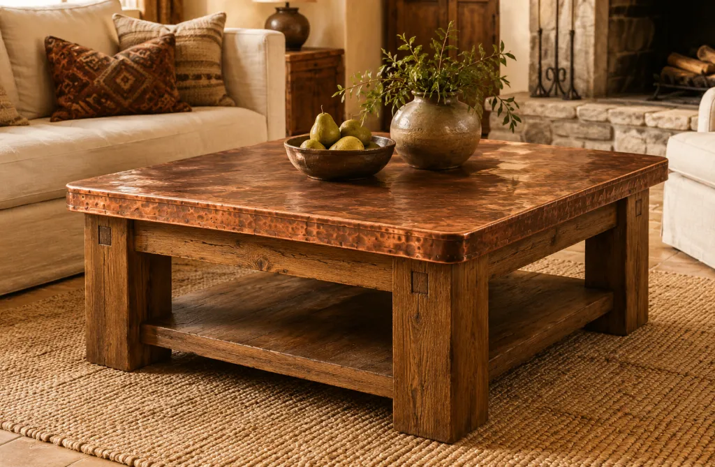 Square hammered copper coffee table on a square farmhouse wood base with lower stretcher
