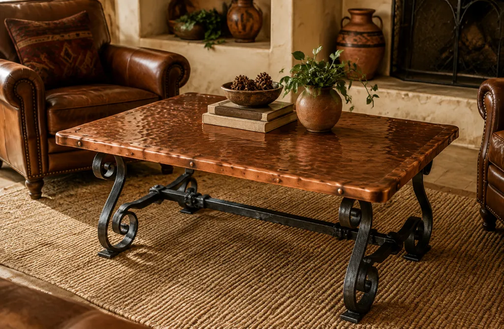 Rectangular hammered copper coffee table on a hand-forged scrolled iron base