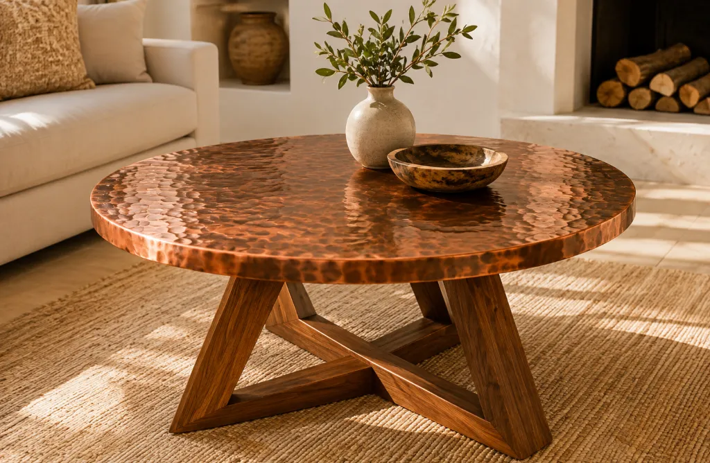 Round hammered copper coffee table top on an angled crossed wood base