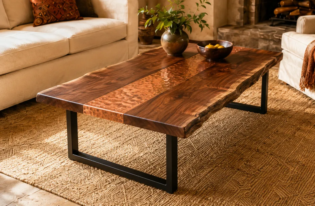 Rectangular coffee table with hammered copper and live-edge wood top on flat iron legs