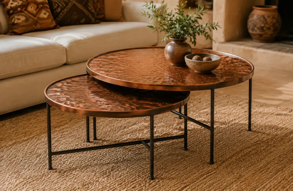 Nesting pair of round hammered copper coffee tables on slim iron rod legs