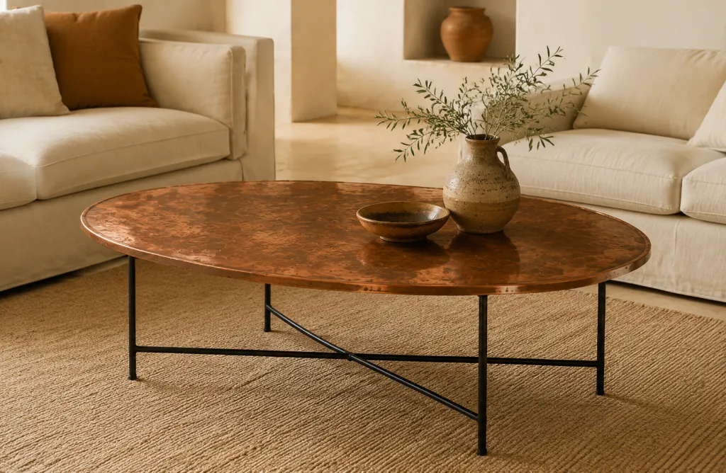 Oval copper coffee table top on a slim black iron base with cross bracing