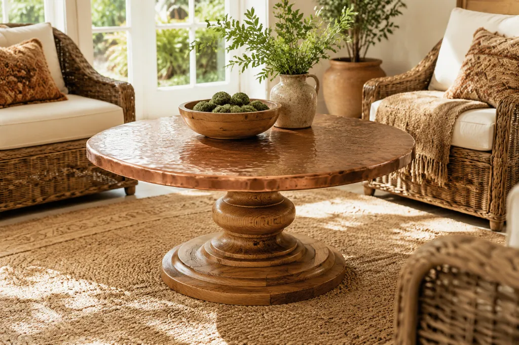 Round hammered copper coffee table top on a turned wood pedestal base
