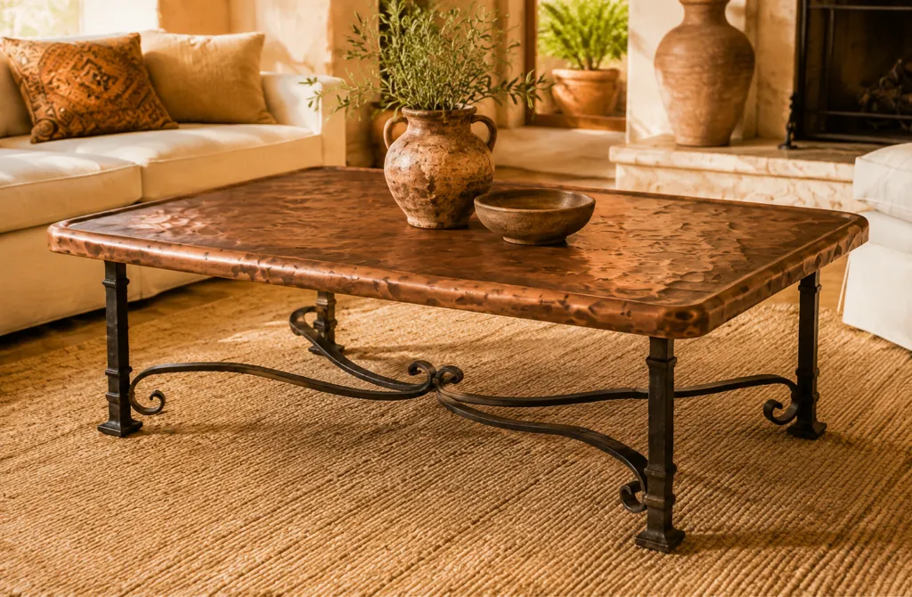 Rectangular hammered copper coffee table on a scrolled iron base with curved stretcher
