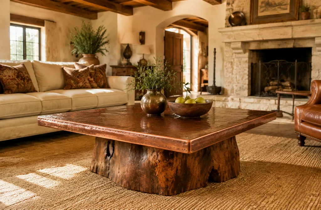 Square hammered copper coffee table top on a natural wood stump base
