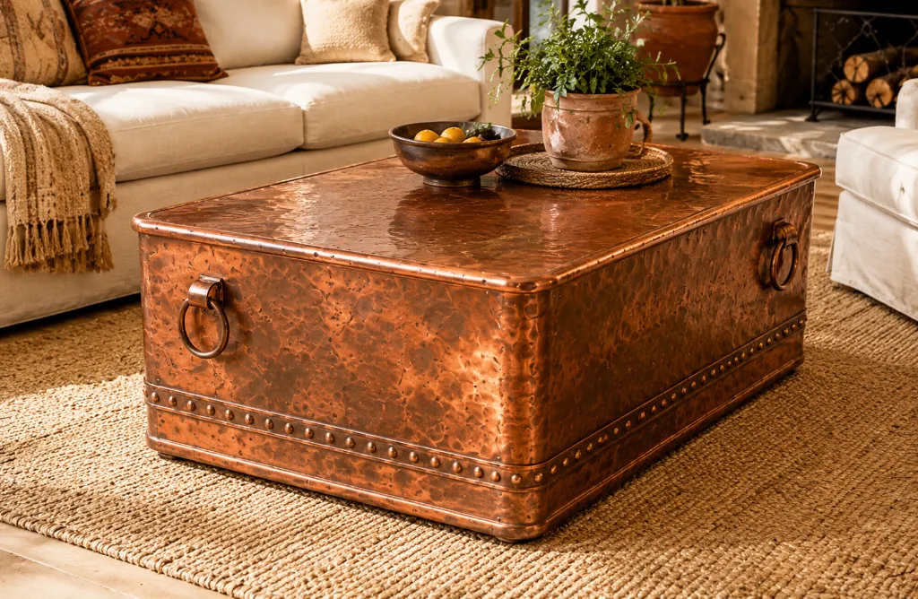 Rectangular hammered copper trunk-style coffee table with studded edges and iron ring pulls