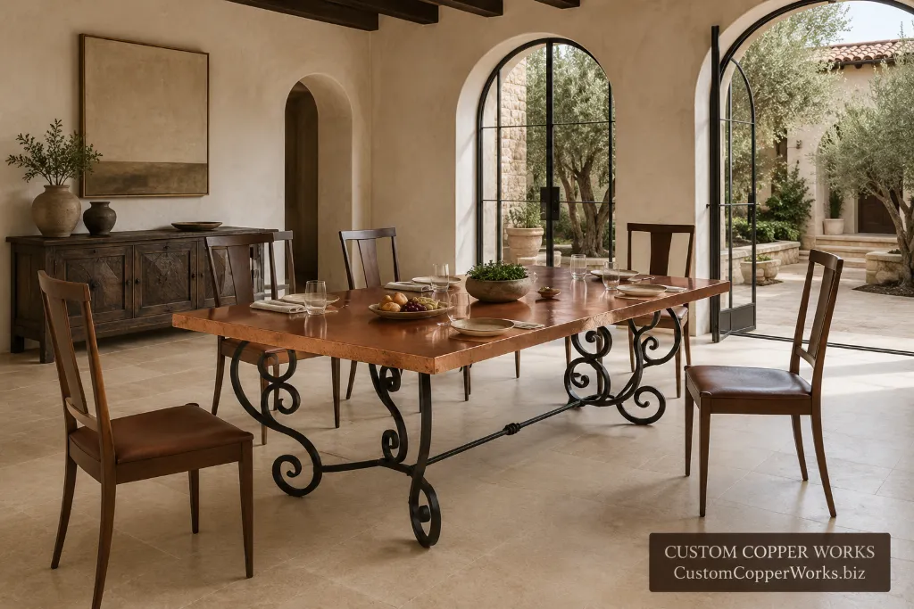 Rectangular hand-hammered copper dining table on the Tomasa curled forged-iron trestle base.