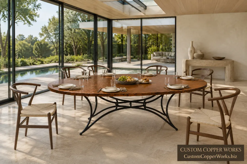 Oval hammered copper dining table on the Marita modern forged-iron base in a light modern dining room.
