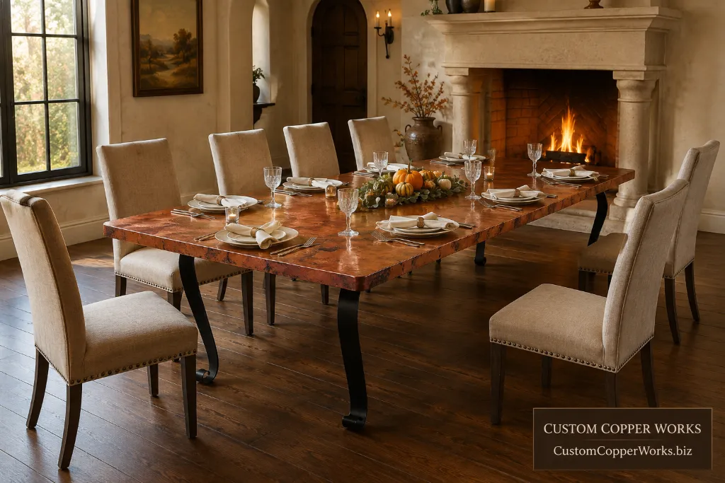 Rectangular hammered copper dining table on the Lorena hand-forged iron base with a scrolled stretcher.