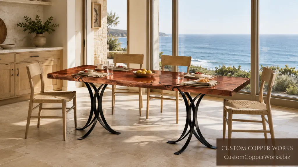 Rectangular hammered copper dining table on the Justina flared forged-iron base in a warm dining room.