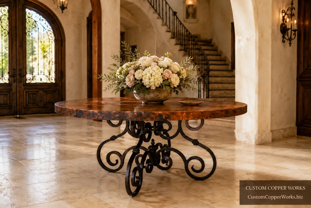 Round hammered copper dining table on the Canela scrolled hand-forged iron base beside courtyard doors.