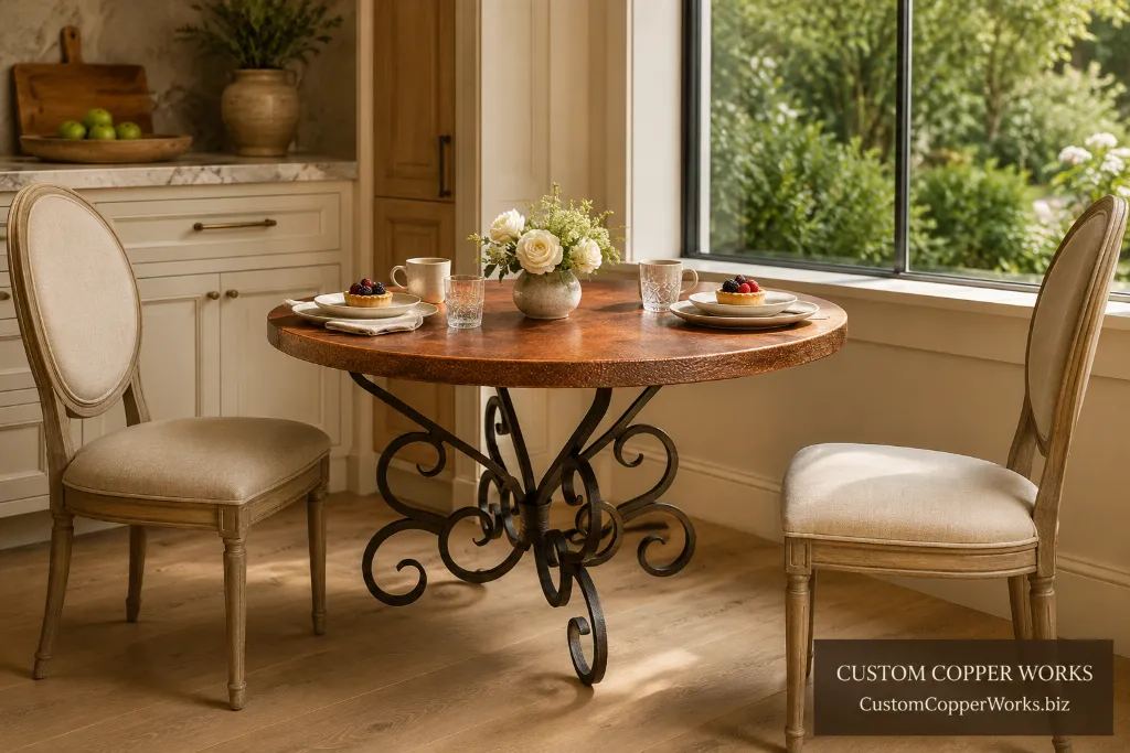 Round hammered copper dining table on the Consuela double-forged iron base in a mountain dining room.