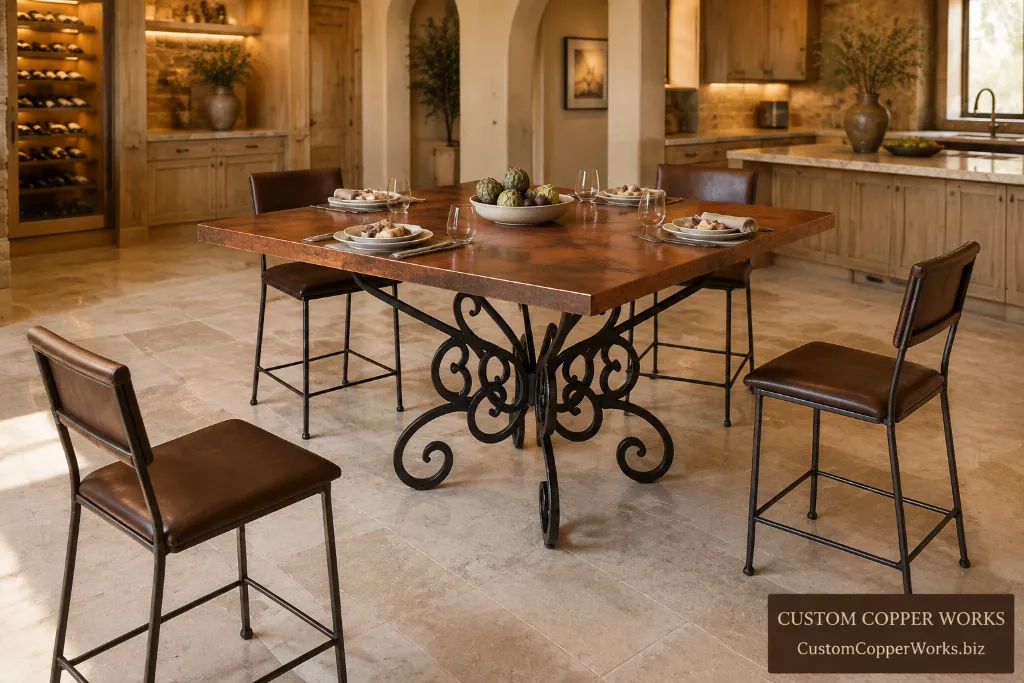 Square counter-height hammered copper table on the Consuela double-forged iron base with bar stools.