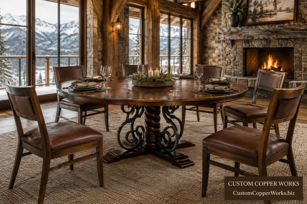 Round hammered copper dining table on the Mia base, a carved wood pedestal wrapped in forged-iron scrolls.