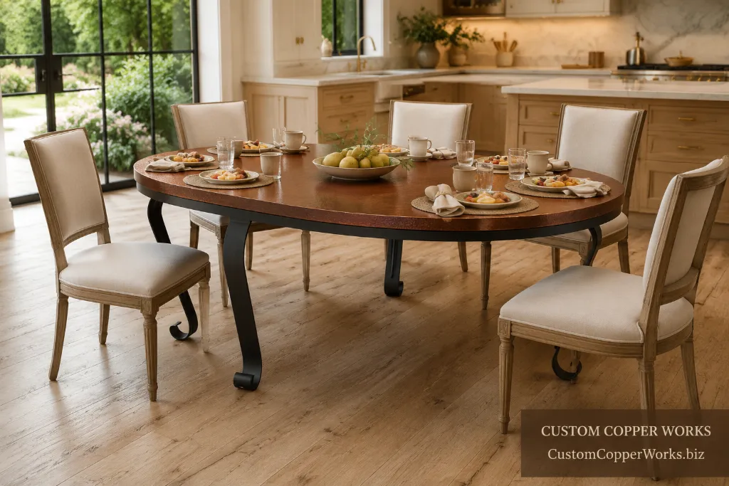 Modified-oval hammered copper dining table on the Lorena hand-forged iron base in a garden-side room.