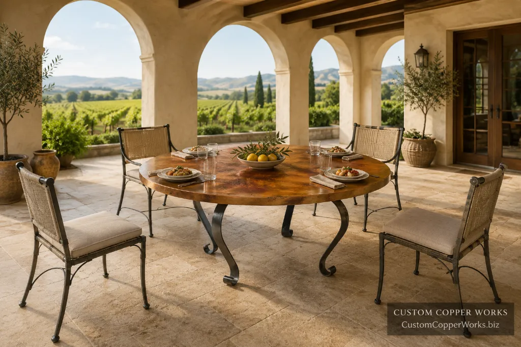 Round hammered copper dining table on the Lorena hand-forged ribbon-iron base with curved ribbon legs.