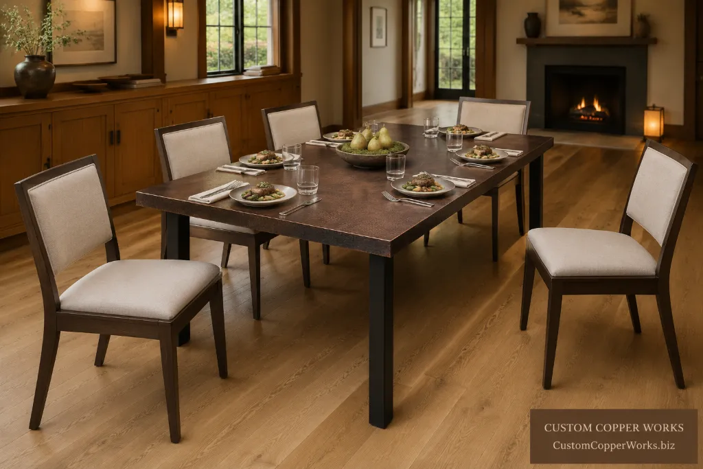 Rectangular hammered copper dining table on the Isabela flat-iron pedestal base in a city apartment at dusk.