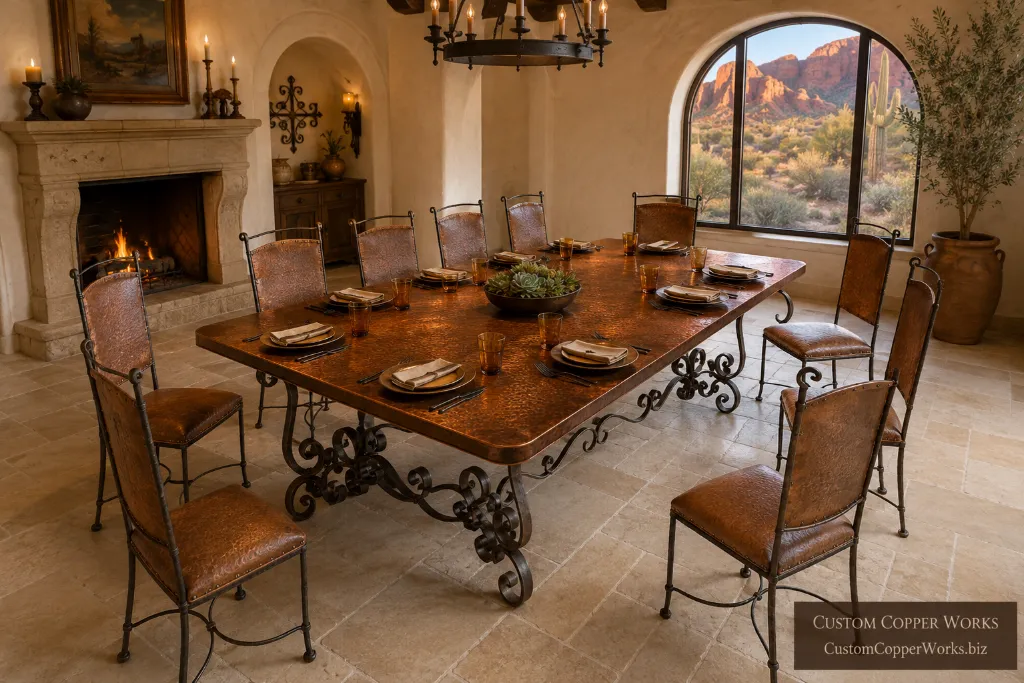 Hammered copper dining table on an Amber Spanish Colonial forged-iron base in a Southwest room with a stone fireplace.