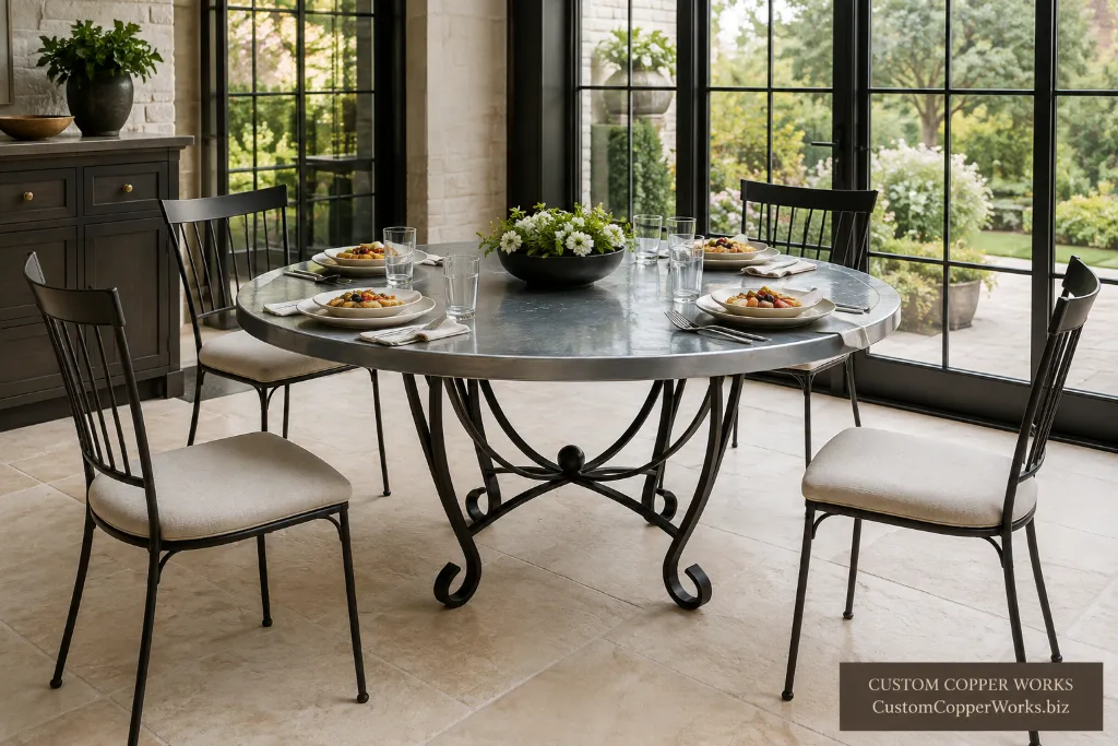 Round hammered zinc dining table on the Lilia scrolled hand-forged iron base in a garden room.