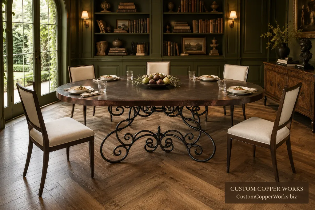 Counter-height oval copper-top dining table on the Canela scrolled forged-iron base under a vineyard portico.