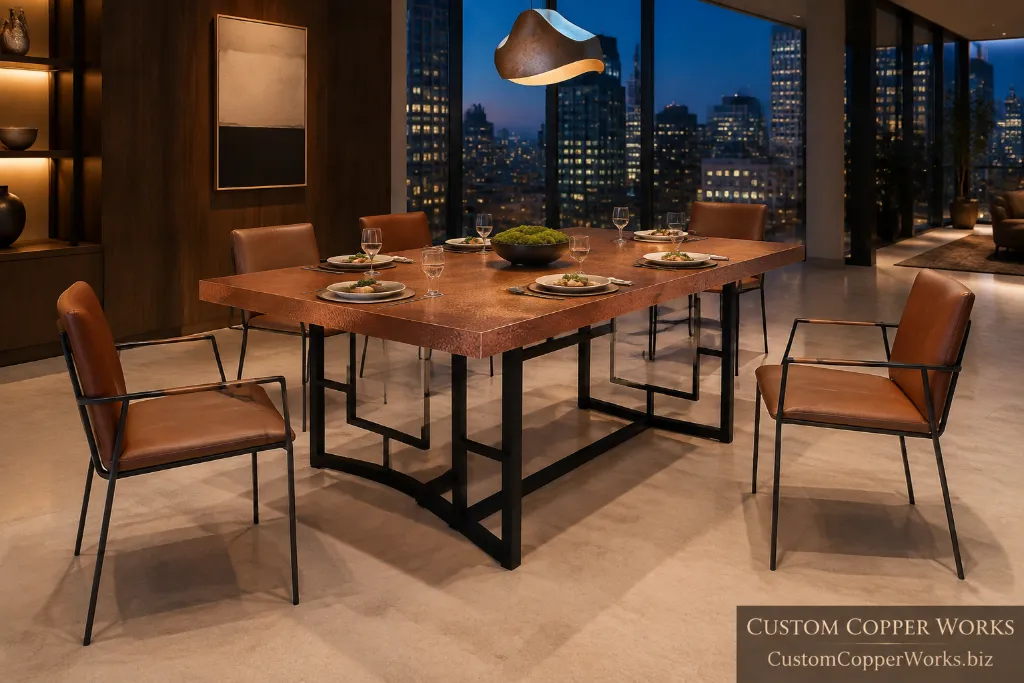 Rectangular hammered copper dining table on the Lara geometric forged-iron base in a modern dining room.