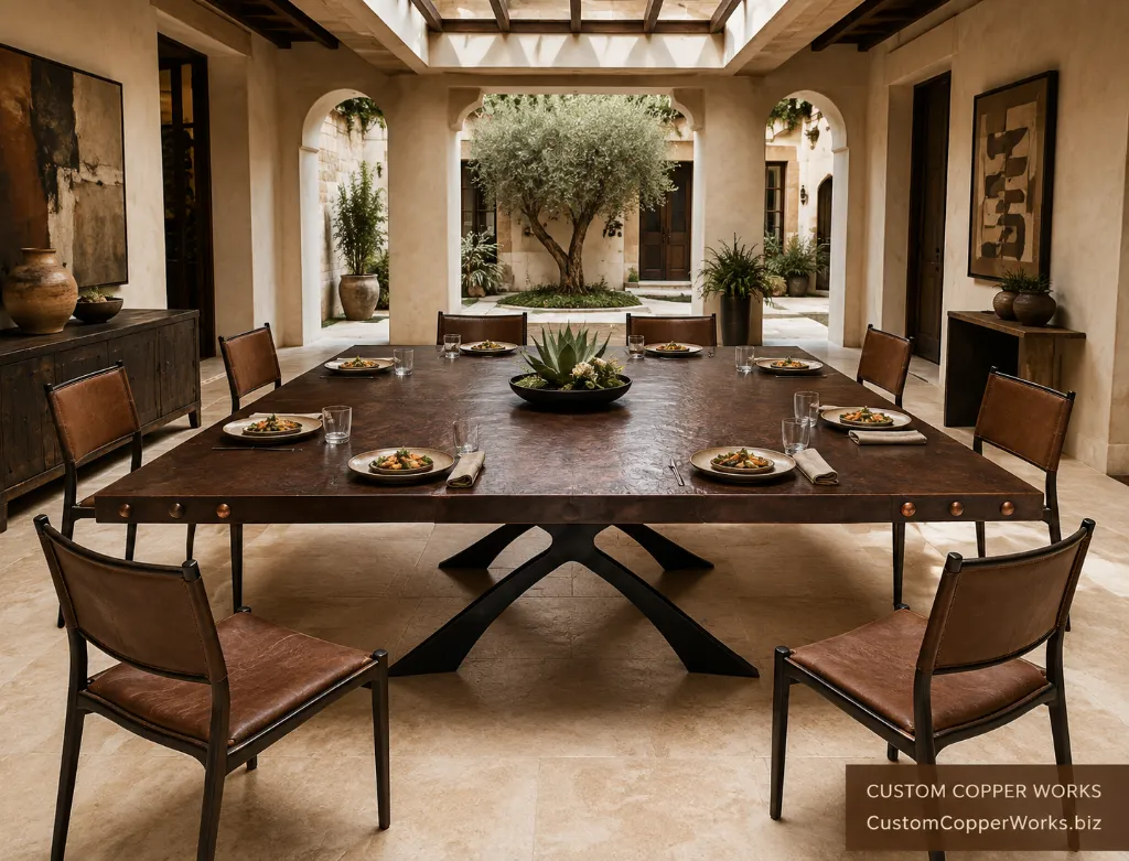 Oversized square hammered copper dining table with concha rivets on the Ivanna laser-cut iron base in a courtyard room.