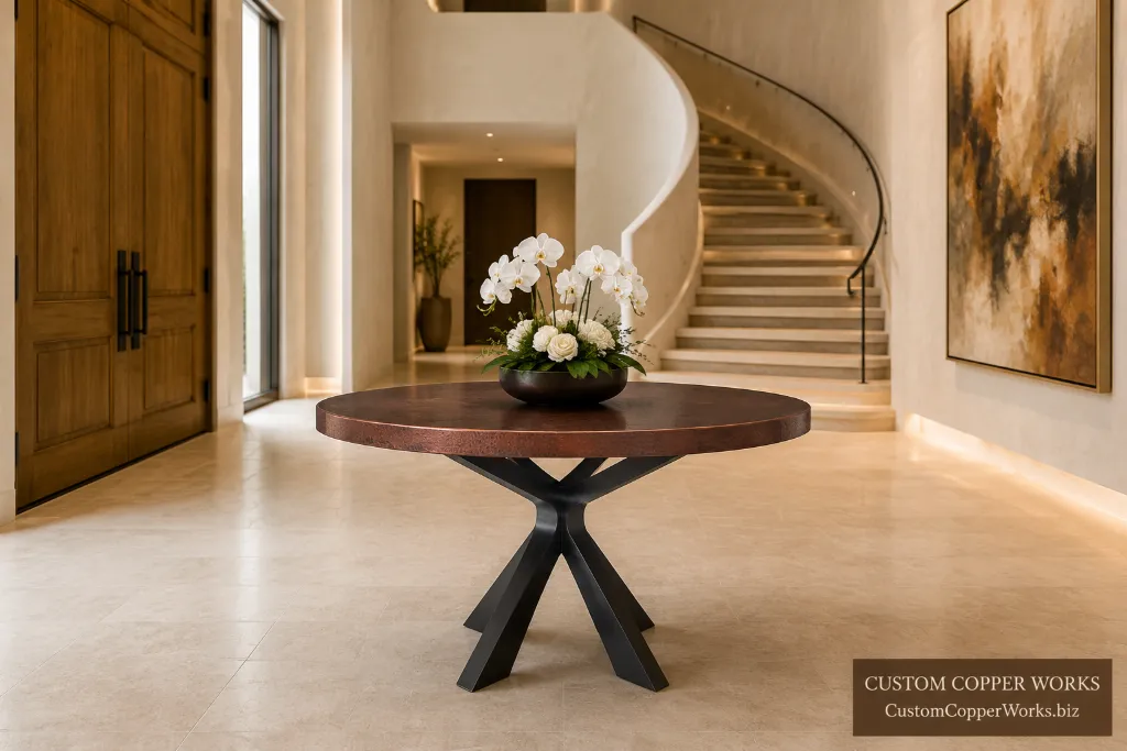 Round hammered copper table on the modified Ivanna laser-cut iron pedestal base in a bright entry hall.