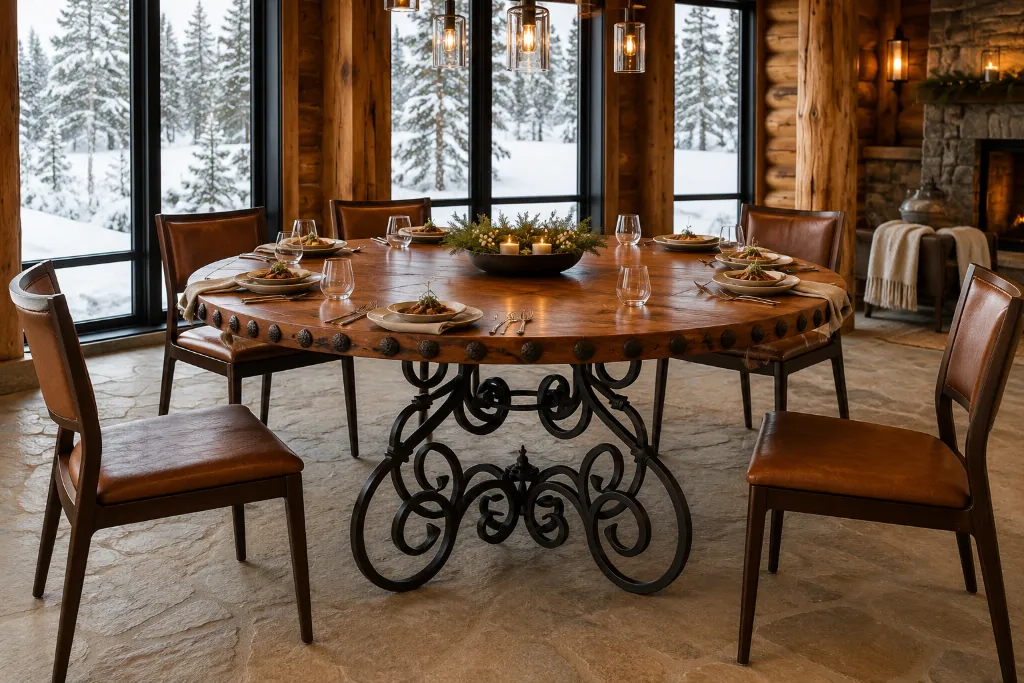 Round hammered copper dining table with concha rivets on the Canela scrolled wrought-iron base in a snowy lodge.