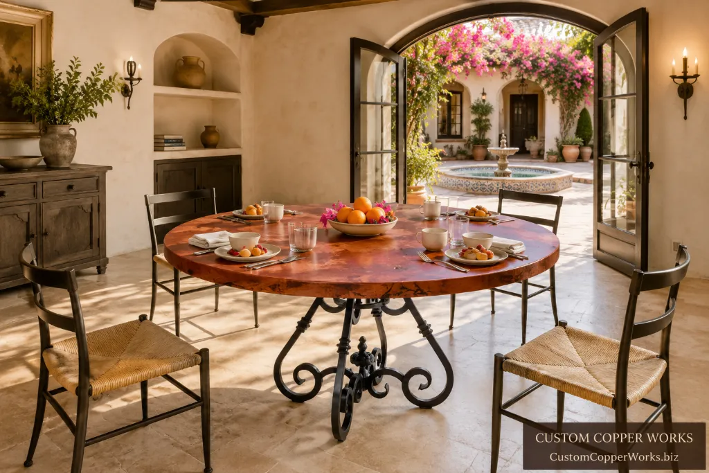 Round hammered copper dining table on the simplified Canela curled forged-iron base in a breakfast nook.