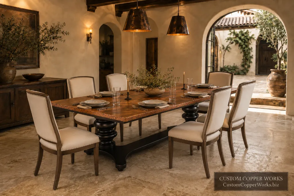 Custom trestle dining table, double pedestal — Hammered copper top, solid wood trestle base, double pedestal.