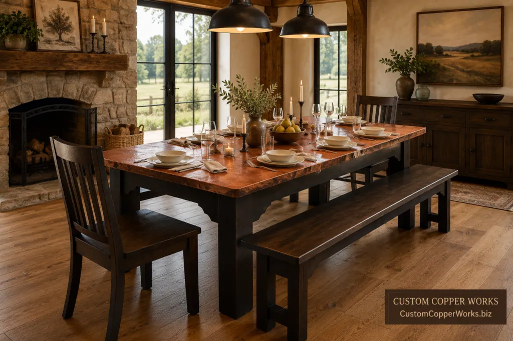 Custom farmhouse dining table with benches — Hammered copper top, farmhouse wood base, matching benches.