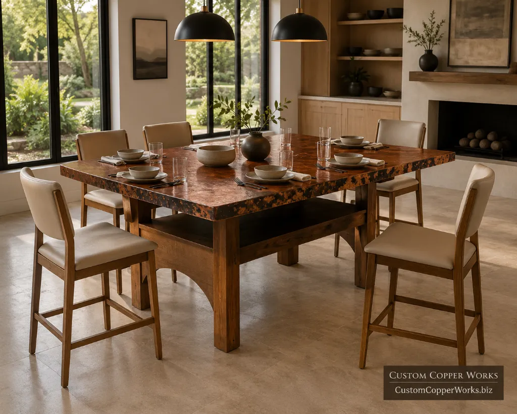 Custom counter-height oak trestle table — Hammered copper top, American oak trestle, counter height, by Custom Copper Works.
