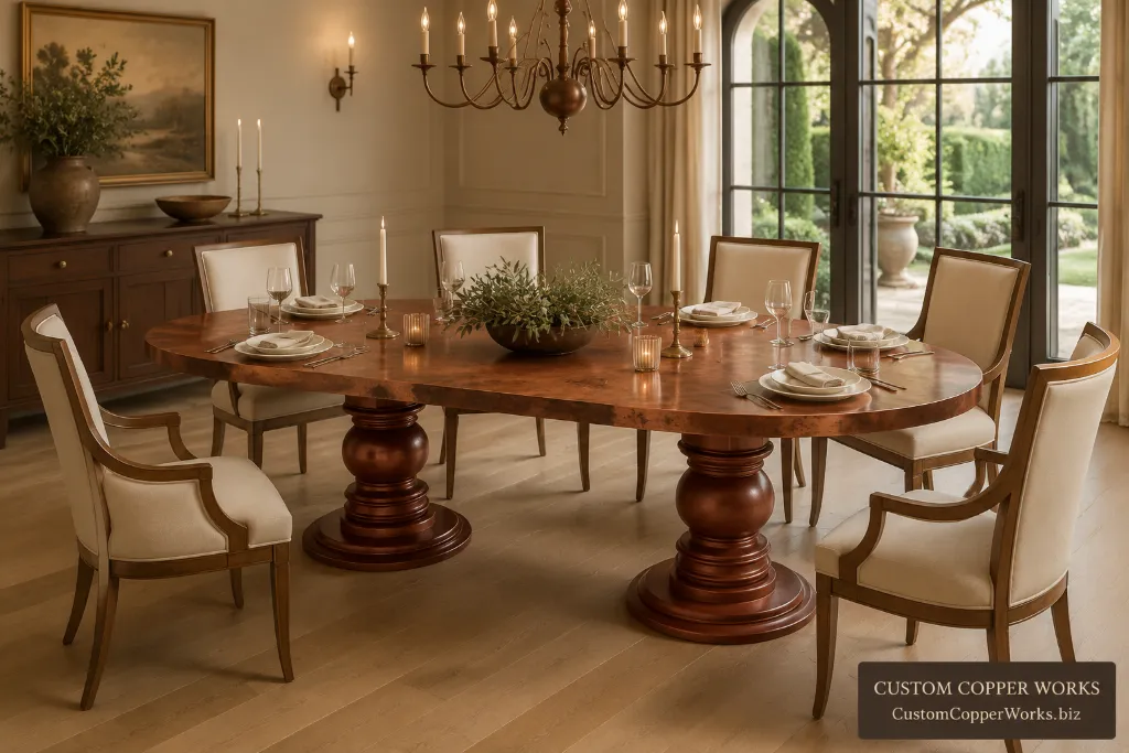 Custom oval table with conchas, raquel oak base — Hammered copper top, decorative conchas, Raquel oak base.