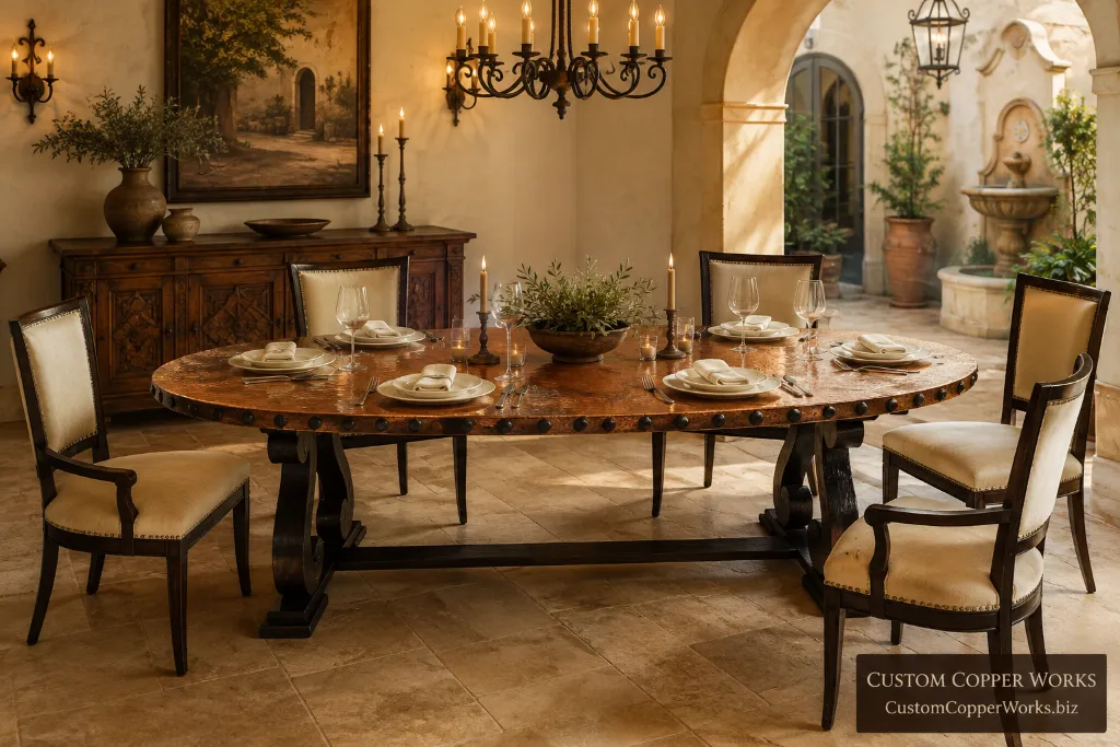 Custom oval table with conchas, samma base — Hammered copper top, decorative conchas, Samma double pedestal.