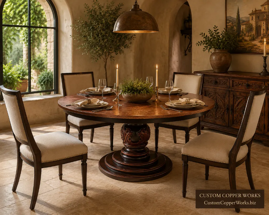 Custom round table, christina pedestal — Hammered copper top, Christina wood pedestal, carved apron, by Custom Copper Works.