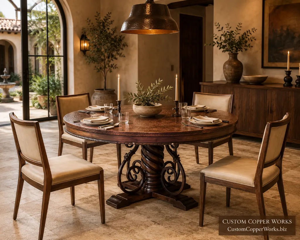 Custom round table, mia wood and iron base — Hammered copper top, Mia pedestal, wood and forged iron, by Custom Copper Works.
