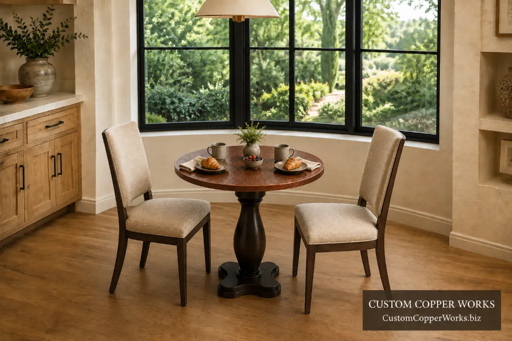 Custom round breakfast table, anna pedestal — Hammered copper top, Anna wood pedestal, breakfast size.