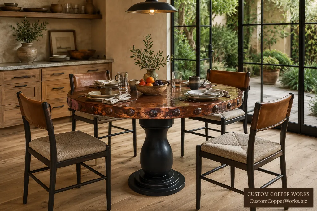 Custom round table, anna distressed poplar — Hammered copper top, Anna single pedestal, distressed poplar.
