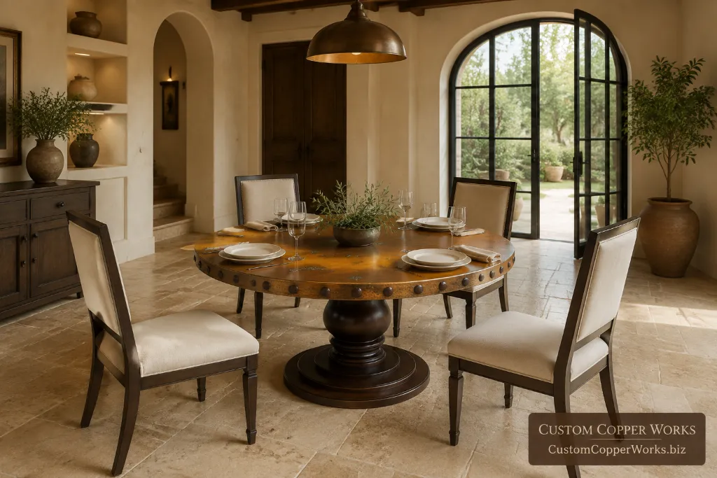 Custom round table with verdigris and conchas — Hammered copper top, verdigris accents, Jenna distressed alder.