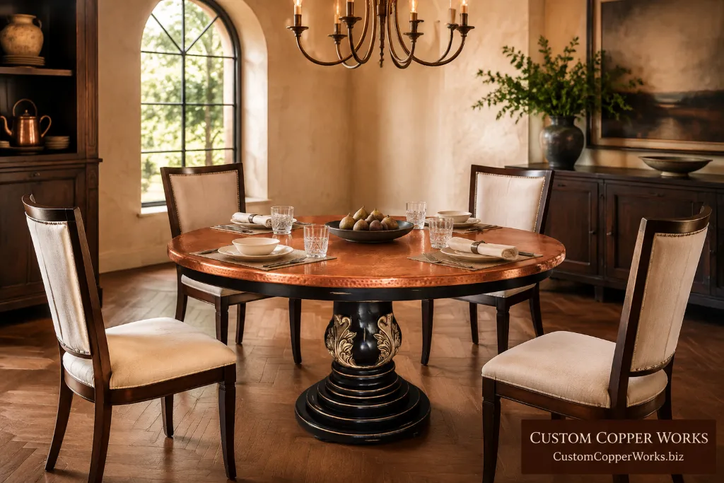 Custom round table, christina hand-carved — Hammered copper top, hand-carved poplar pedestal, distressed.