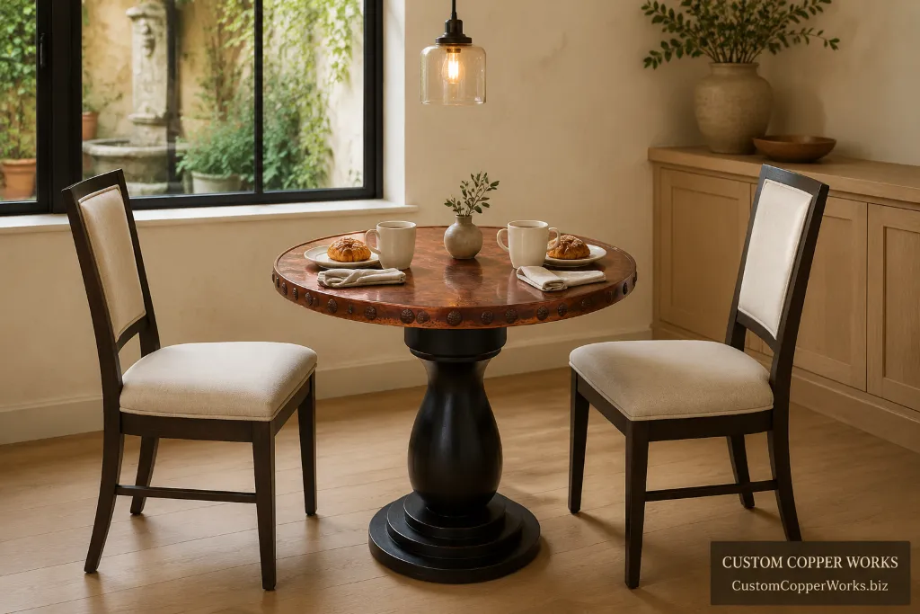 Custom round rustic table with conchas — Hammered copper top, conchas, Anna distressed poplar pedestal.