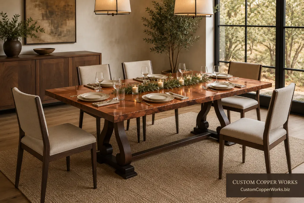Custom rectangular table, simplified raquel — Hammered copper top, American oak trestle, generous legroom.