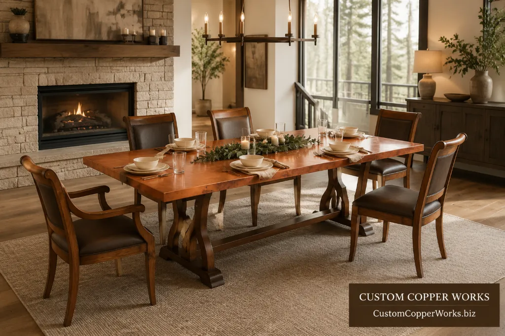 Custom rectangular table, raquel oak trestle — Hammered copper top, Raquel American-oak trestle base, by Custom Copper Works.