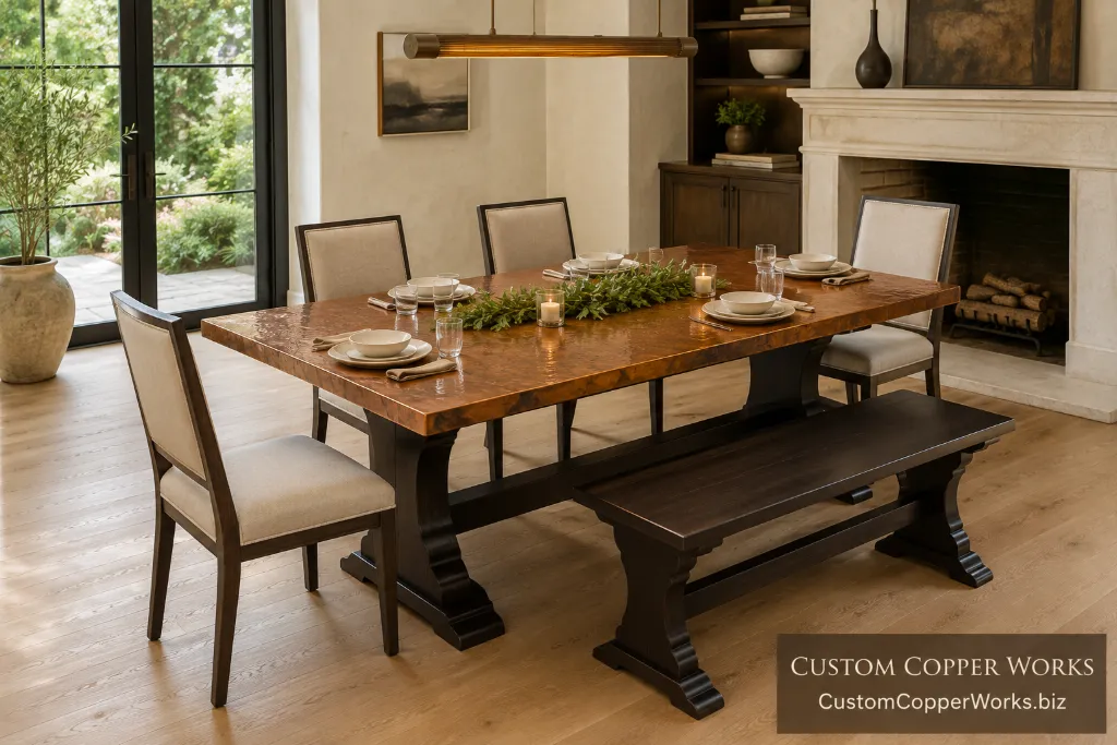 Custom rustic table with matching bench — Hammered copper top, Lilia alder trestle, matching bench, by Custom Copper Works.