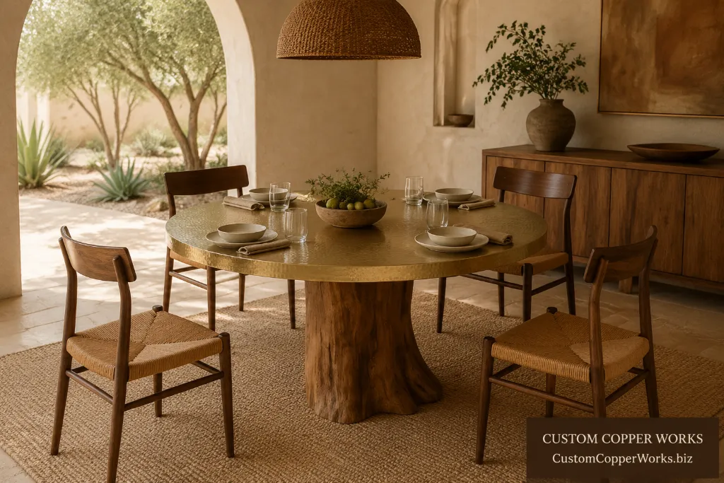 Custom mesquite stump table — Hammered copper or brass top, solid mesquite stump base, by Custom Copper Works.