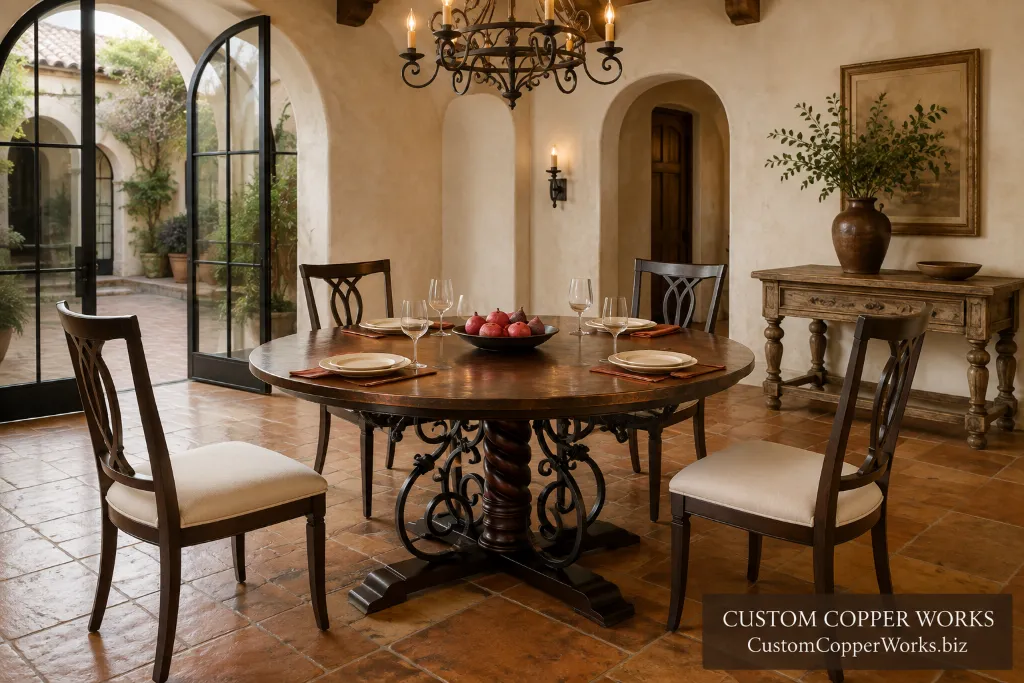 Custom oval table, mia carved and forged iron — Hammered copper top, hand-carved alder, forged-iron scrolls.