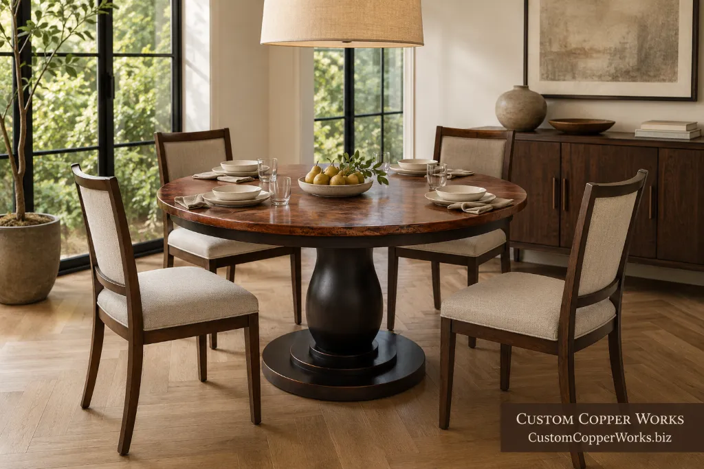 Custom round old-world table with apron — Hammered copper top, Anna poplar pedestal, gold distressing.