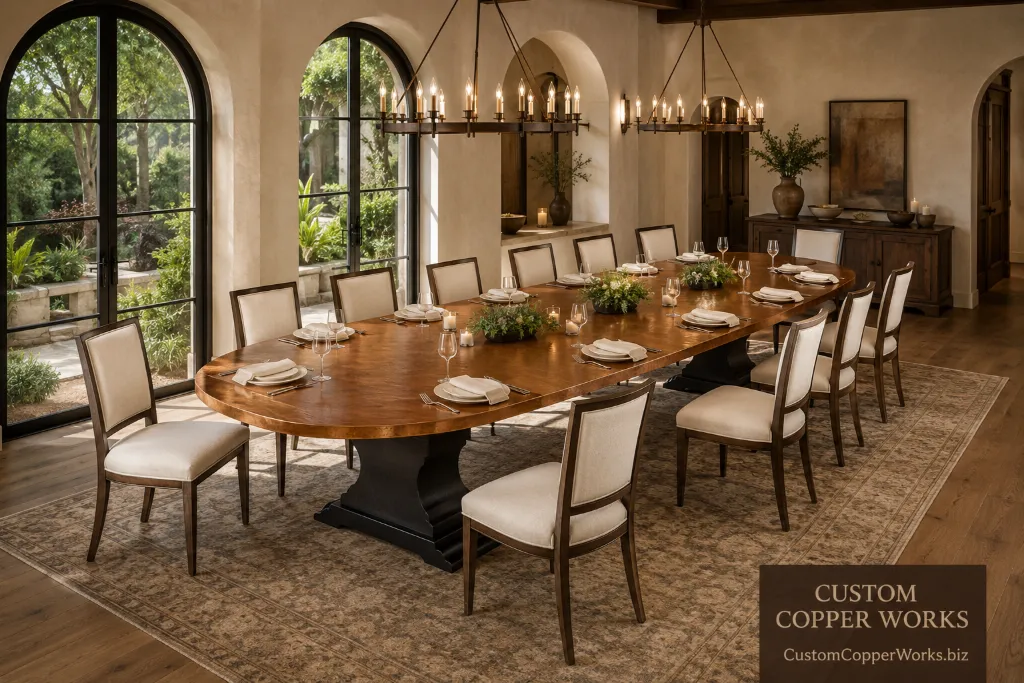 Custom 127-inch oval table, seats twelve — Hammered copper top, Lilia alder trestle, 127" modified oval.