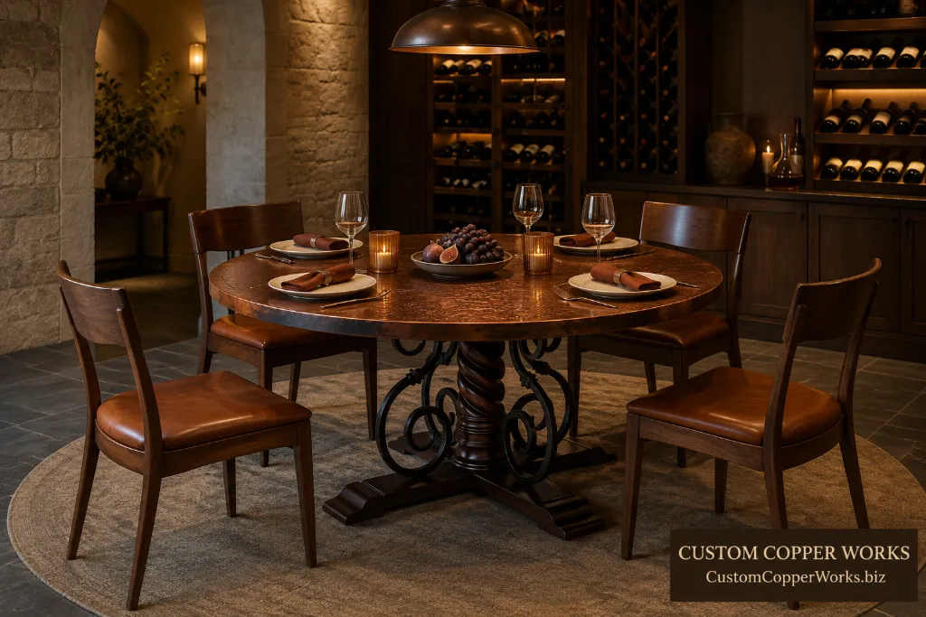 Custom mia carved wood and iron table — Hammered copper top, hand-carved spirals, forged-iron scrolls.