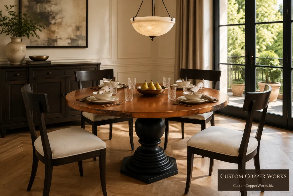 Custom round table, corina matte black — Hammered copper top, Corina poplar pedestal, matte black, by Custom Copper Works.
